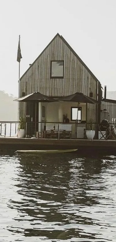 Floating house on calm reflective water, serene view.