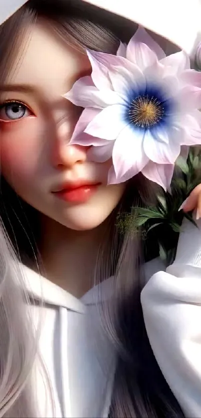 Anime girl with flower covering one eye in light pink tones.