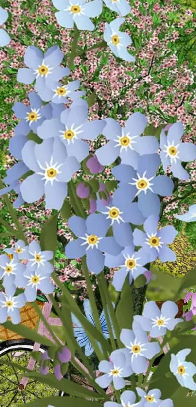 Mobile wallpaper with blue flowers and a bicycle.