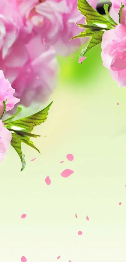 Pink floral wallpaper with green leaves