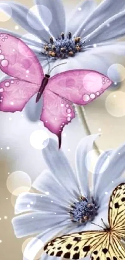 Delicate butterflies on soft daisies in serene wallpaper.