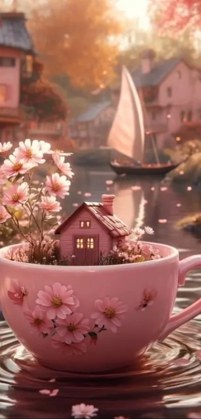 A whimsical scene with a floral teacup and a tiny house by a pond.