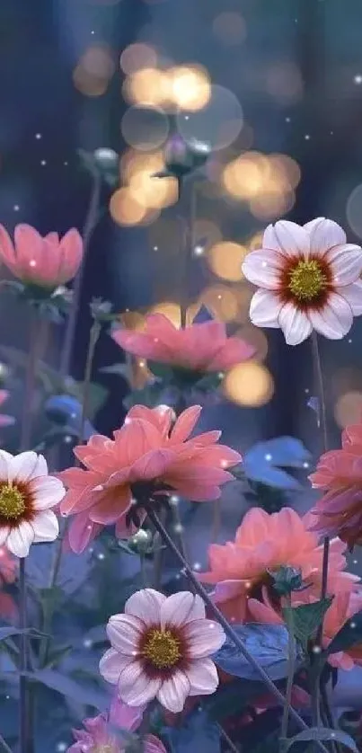 Vibrant pink flowers with bokeh lighting in a serene evening garden.