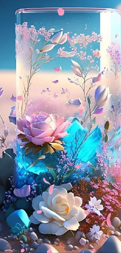 Floral fantasy in desert with sky blue background on mobile wallpaper.