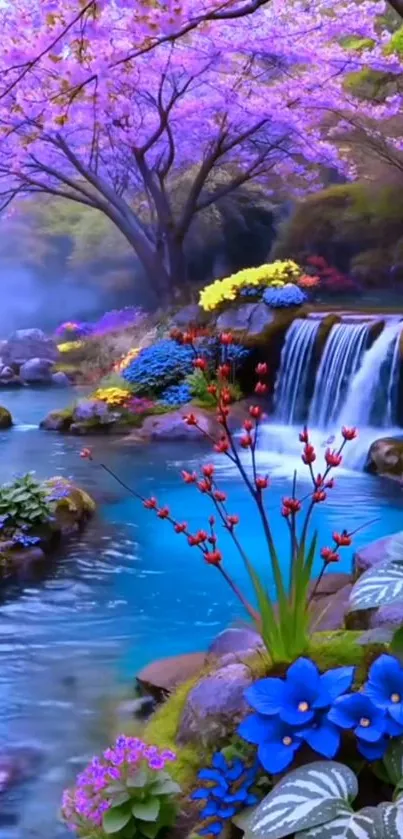 A vibrant fantasy landscape with a waterfall and colorful flowers.