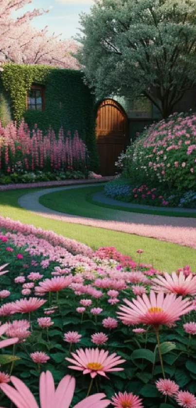 Serene garden path with pink floral blooms.