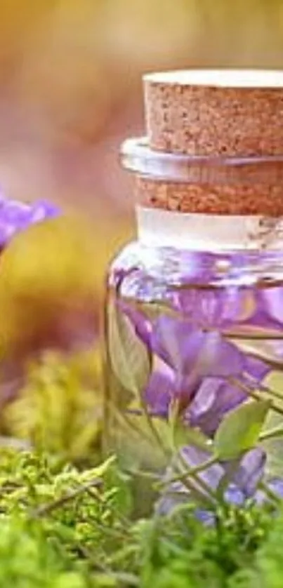 Peaceful mobile wallpaper with a purple floral jar.