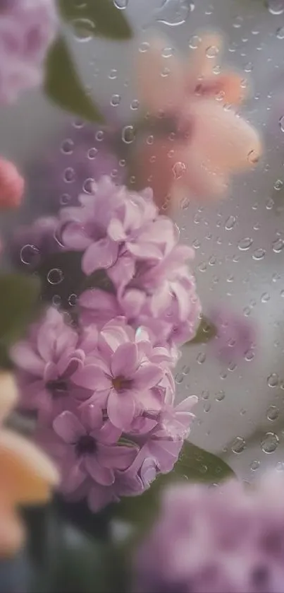 Violet and pink flowers with rain droplets on glass.