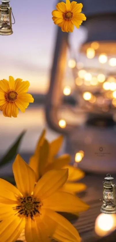 Yellow flowers and lanterns create a serene mobile wallpaper atmosphere.