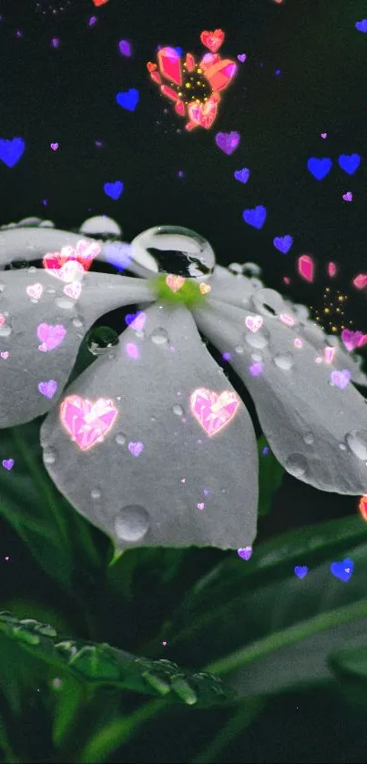 Close-up of white flower with dewdrops on green leaves.