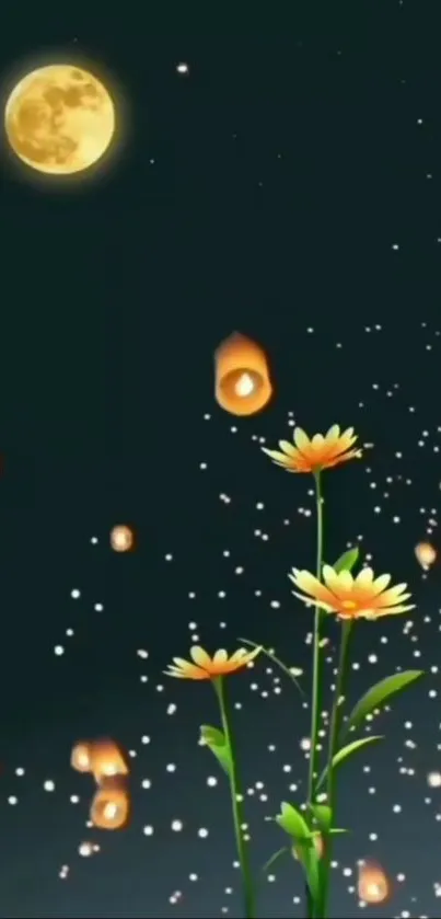 Moonlit night with flowers and glowing lanterns against a starry sky.