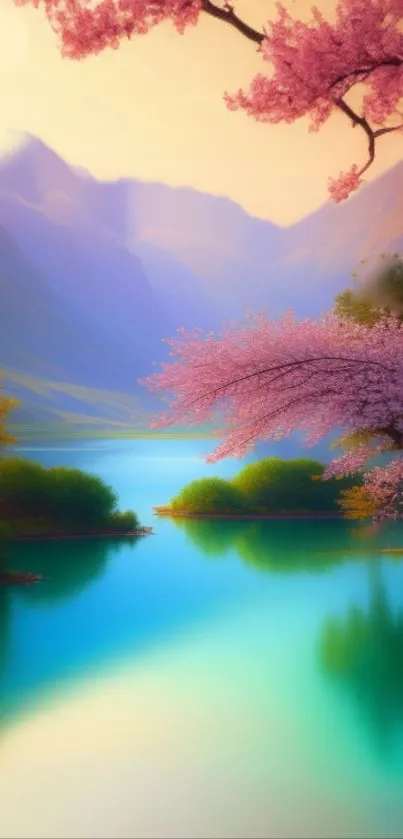 Mountain landscape with cherry blossoms and turquoise lake.