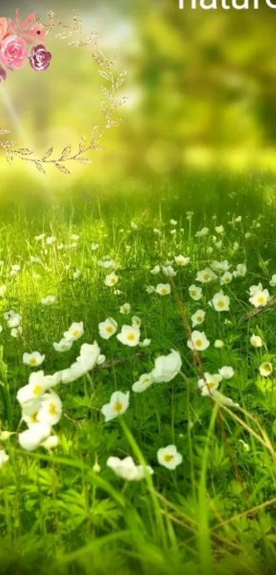 Serene nature wallpaper with green fields and white flowers.