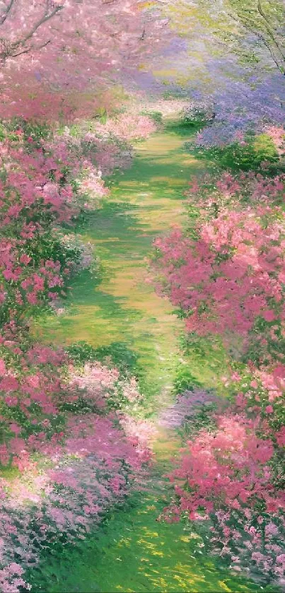 Serene floral pathway with pink blossoms in a lush garden setting.