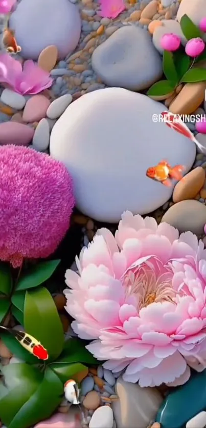 Pink flowers and koi fish among pebbles in a serene wallpaper image.