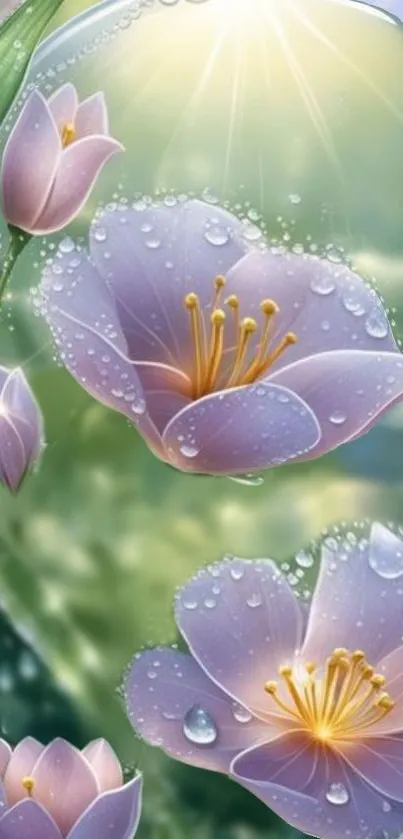 Delicate lavender flowers with dew drops and sunlight on a mobile wallpaper.