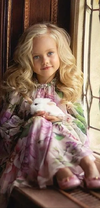 Girl in floral dress with kitten beside a vintage window.