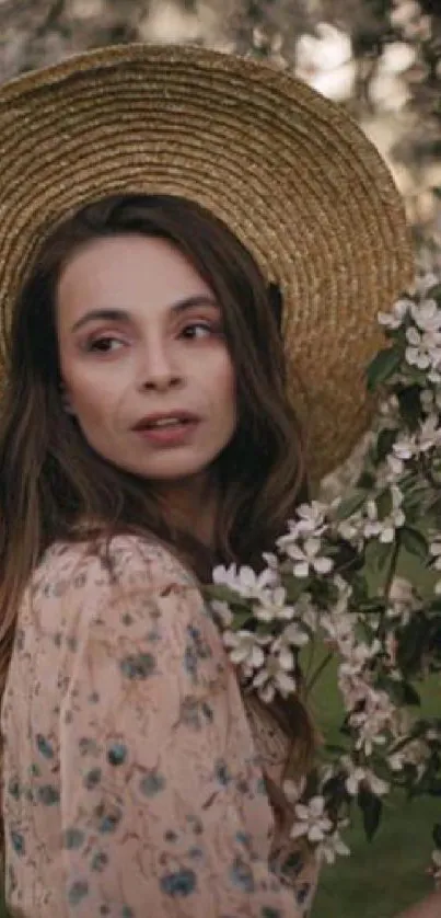 Woman with hat in a floral outdoor setting, embodying elegance and tranquility.