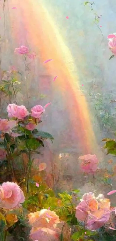 Pink roses with a gentle rainbow in a misty, serene setting.