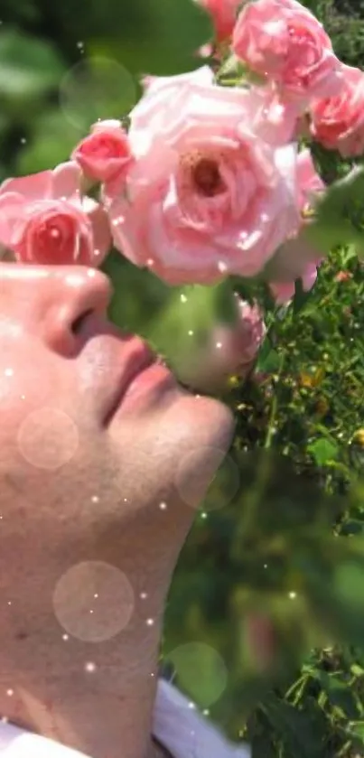 A serene wallpaper of a person smelling blooming pink roses.