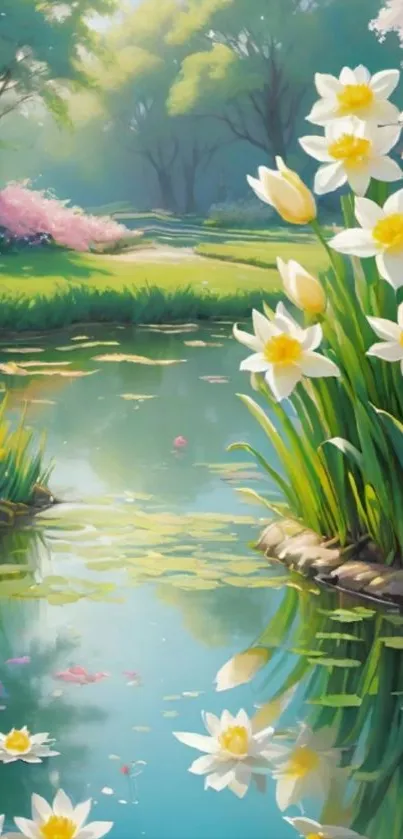 Peaceful pond with daffodils reflecting in water.