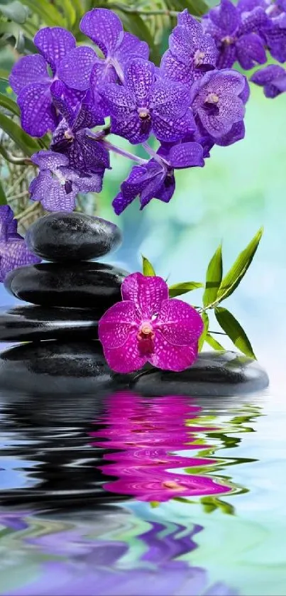 Zen stones and orchids with water reflection.