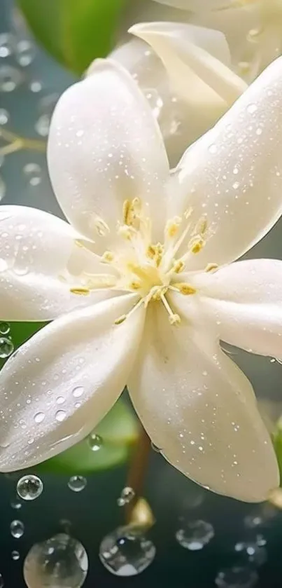 Mobile wallpaper featuring a white flower with water droplets.