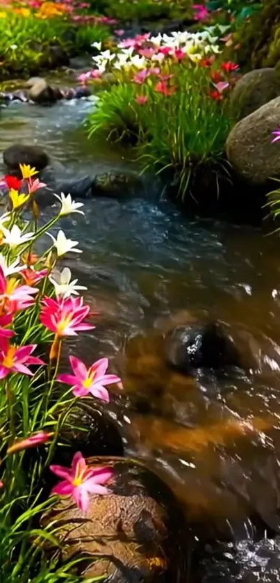 Stream with colorful flowers and lush greenery.