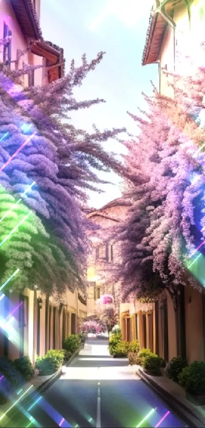 Serene street with lush pink floral canopy.