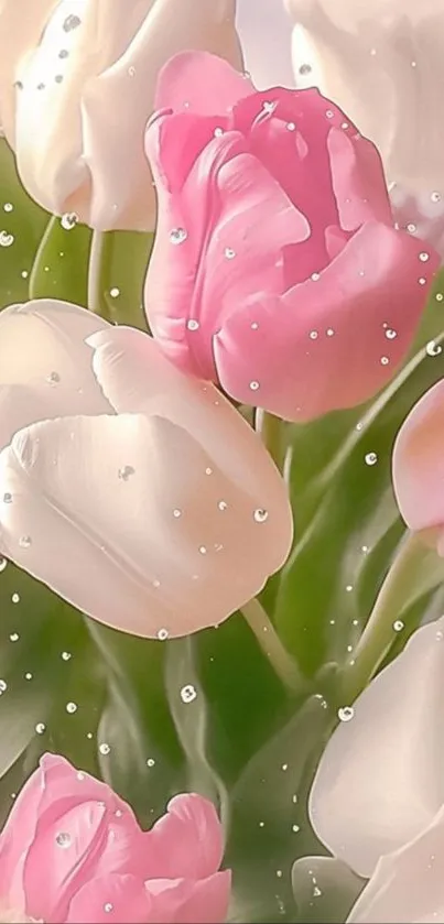 Pink and white tulips with water droplets.