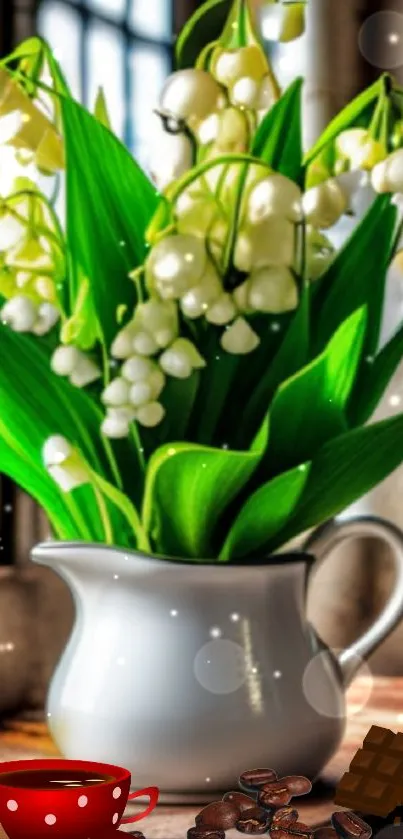 Lily of the valley in a white vase with coffee and chocolate accents.