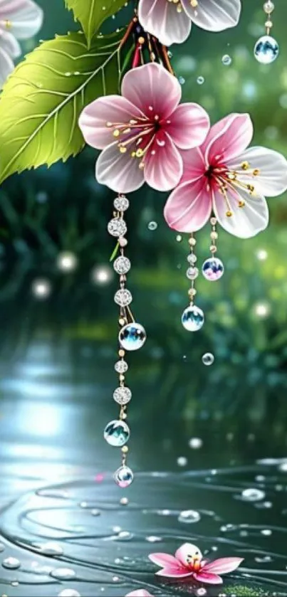 Pink flowers and crystals reflect over a tranquil pond.