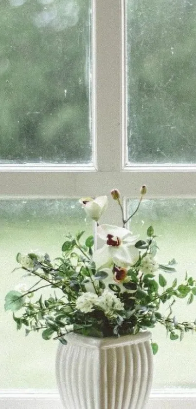 A vase with white flowers by a window, serene and minimalistic.