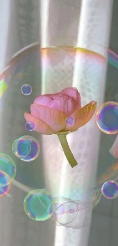 Delicate pink flower inside shimmering bubble against a soft background.