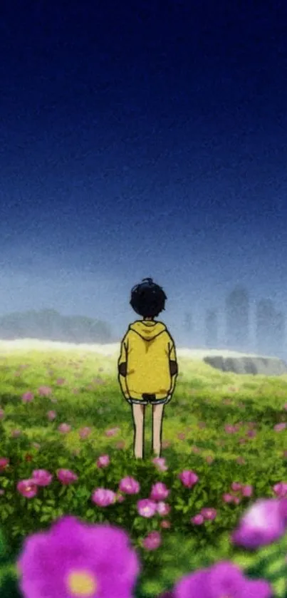 Anime character in yellow jacket amid vibrant flower field with blue sky.