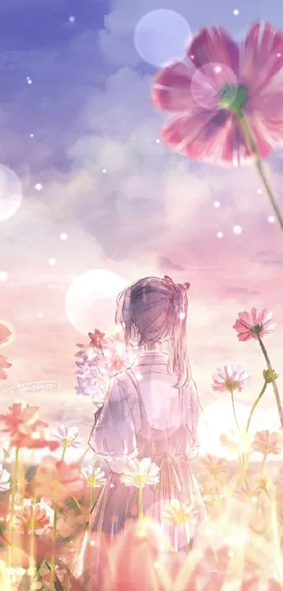 Dreamy mobile wallpaper of a girl in a pastel flower field.