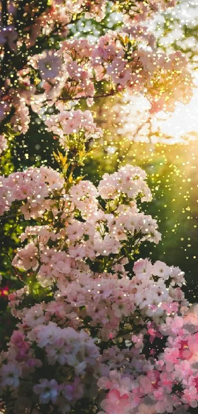 Sunlight filters through blooming pink flowers in a serene garden setting.