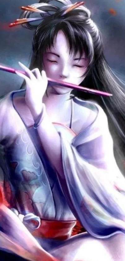 A serene flute player in fantasy art with a lavender color theme.