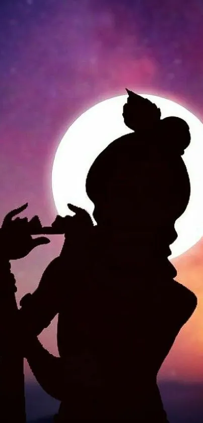 Silhouette of figure playing flute against a vivid galaxy background.