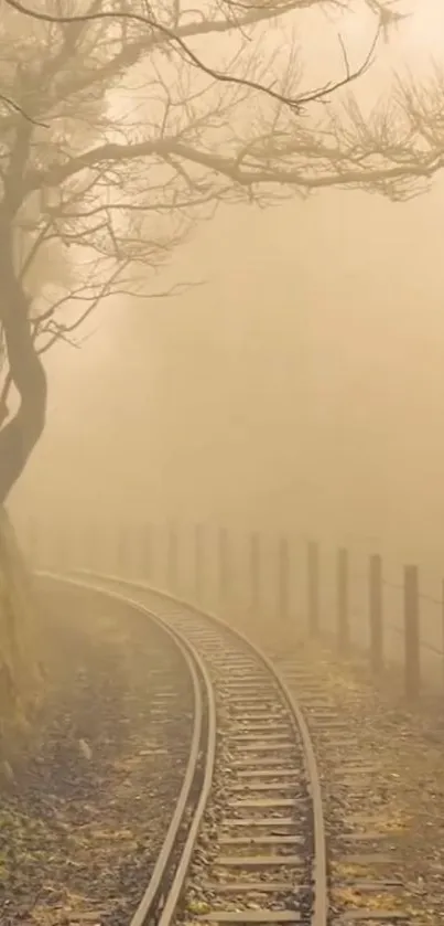 Foggy forest path with railway tracks and bare trees.