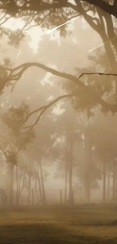 Misty forest with silhouettes of trees and foggy atmosphere.