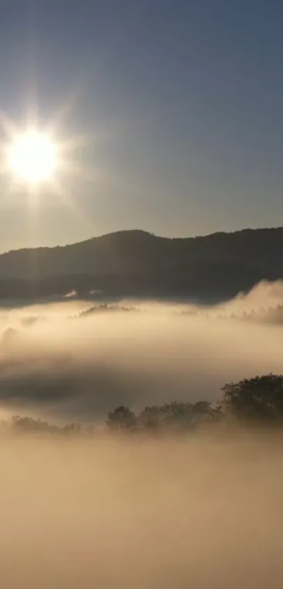 Serene sunrise over misty hills with glowing sun and tranquil fog.