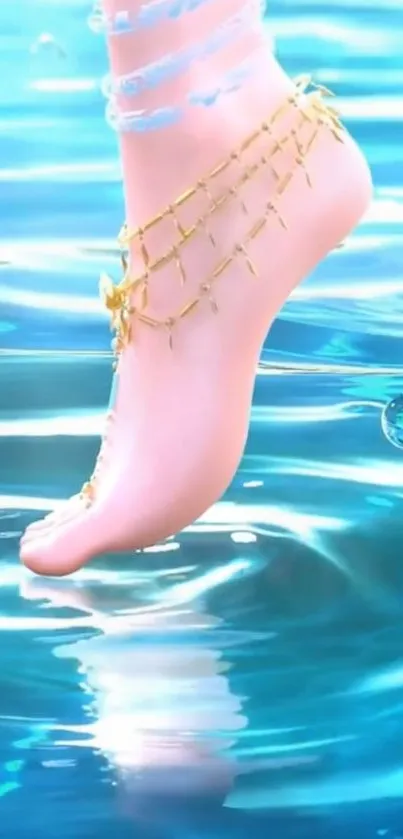 Delicate foot with gold jewelry in blue water reflection.