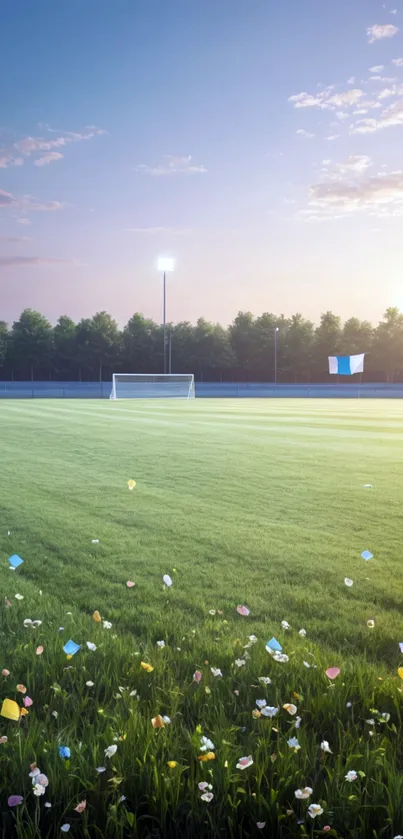 Serene football field under an evening sky with lush green grass and distant lights.