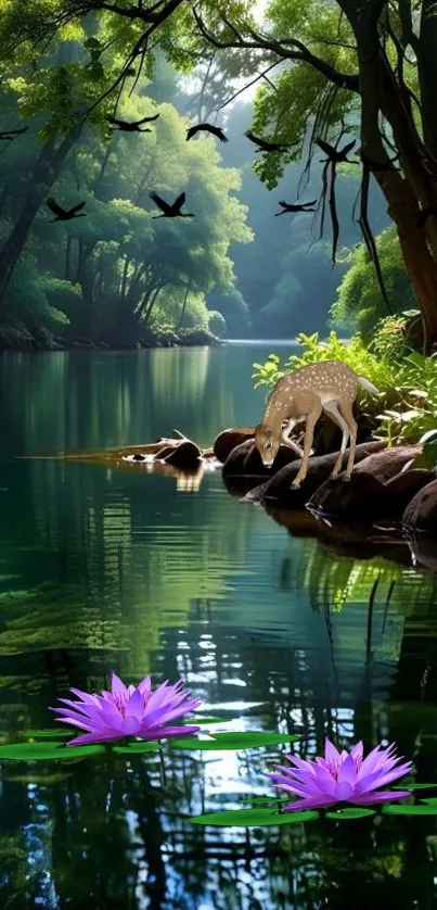 A serene forest scene with a lake and deer, ideal for mobile wallpaper.