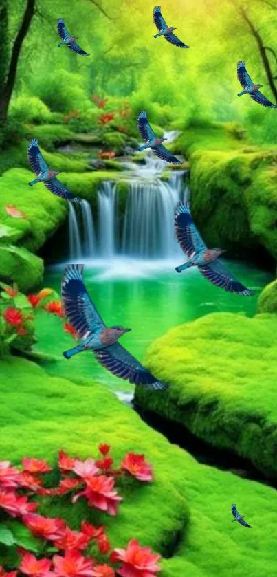 Vibrant forest with waterfall and birds in flight on a serene day.