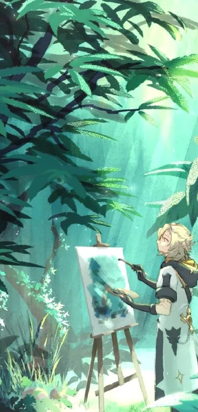 Artist painting in a serene forest setting with lush green leaves.