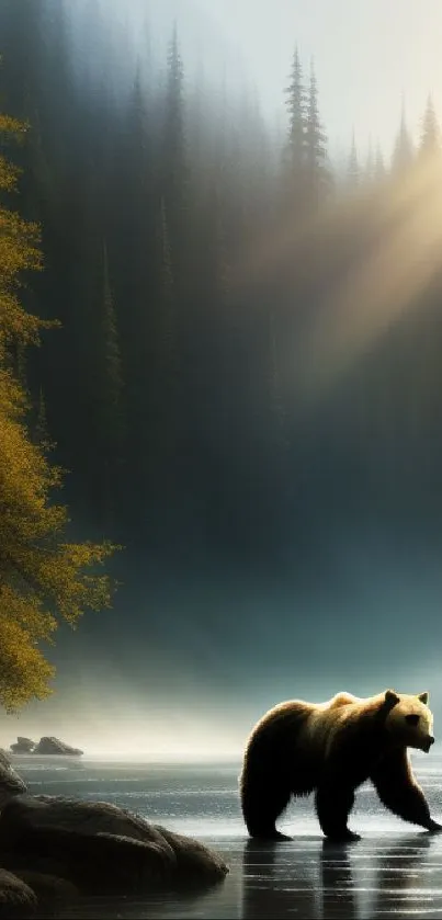 Majestic bear in serene forest river with sunlight filtering through trees.