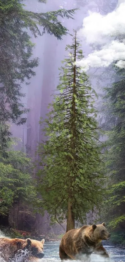 A bear in a tranquil forest with lush greenery and a flowing river.