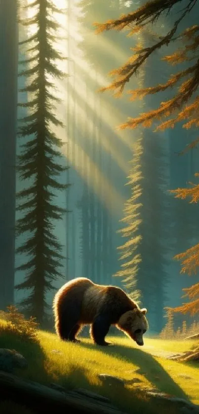 A bear in a sunlit forest with tall trees and lush greenery.